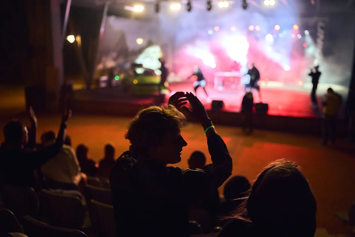 Publiczność koncertu z rękami w górze widziana z widowni, w tle oświetlona scena AVENEW