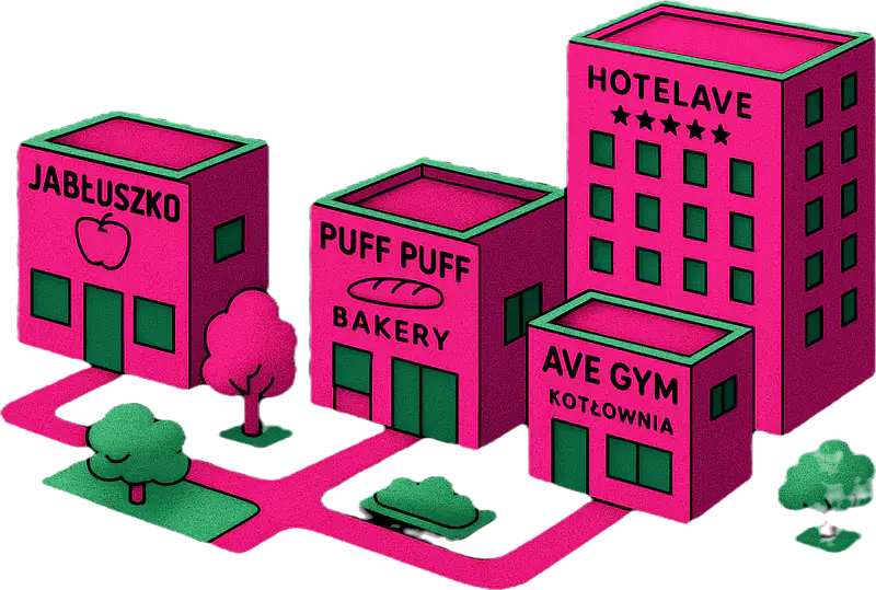 Izometryczne AVE CITY: Hotelave, Puff Puff Bakery, Ave Gym i Jabłuszko